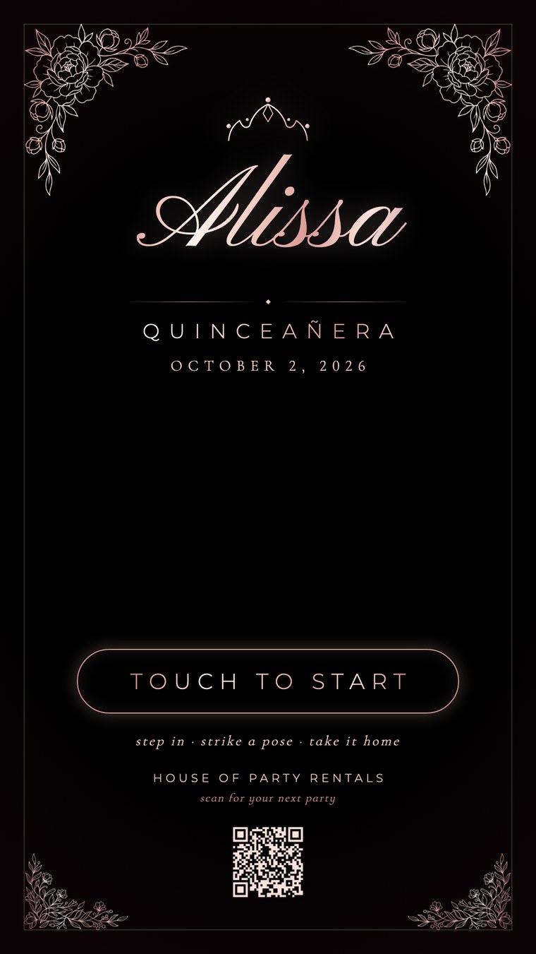 Pantalla de bienvenida personalizada del evento, mostrada en la foto cabina de espejo