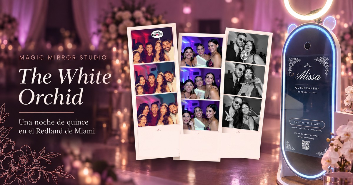 Foto cabina de espejo Magic Mirror Studio montada en el salón The White Orchid en Miami