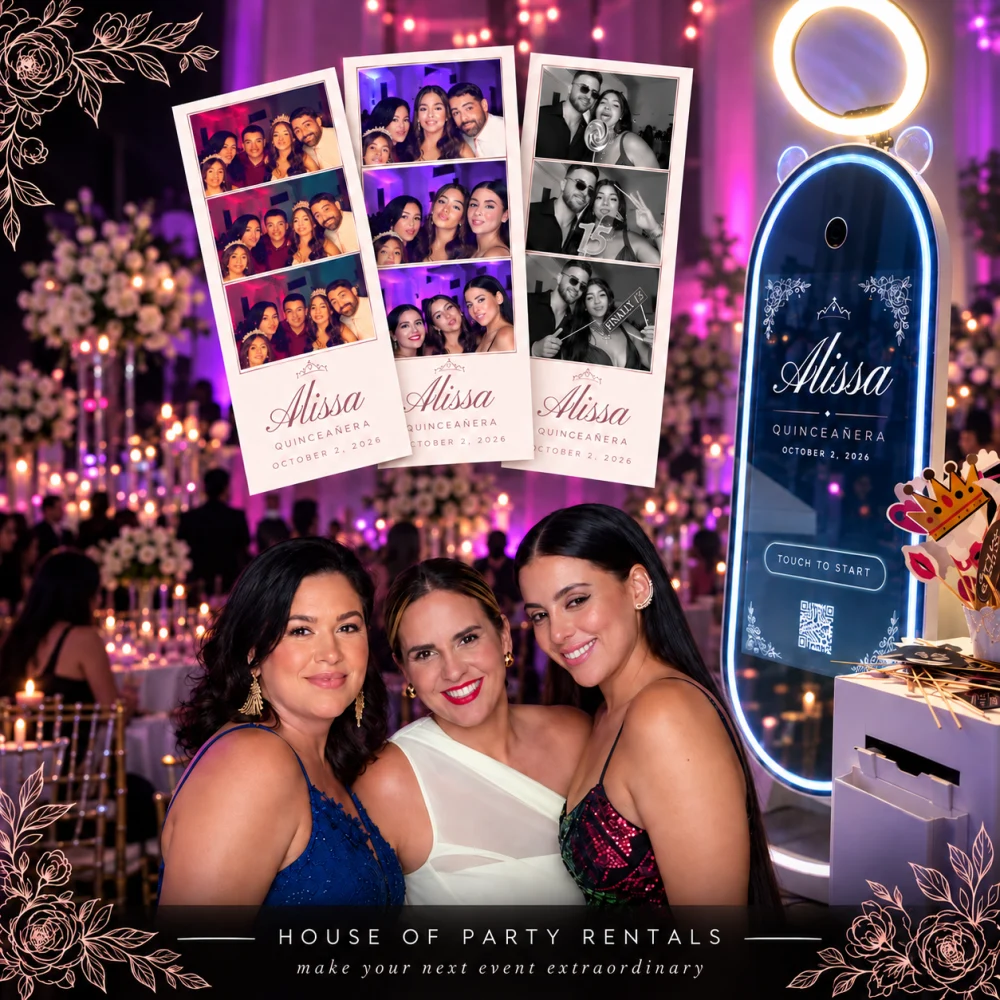 Magic Mirror photo booth at a Miami quinceañera with guests and custom photo strips