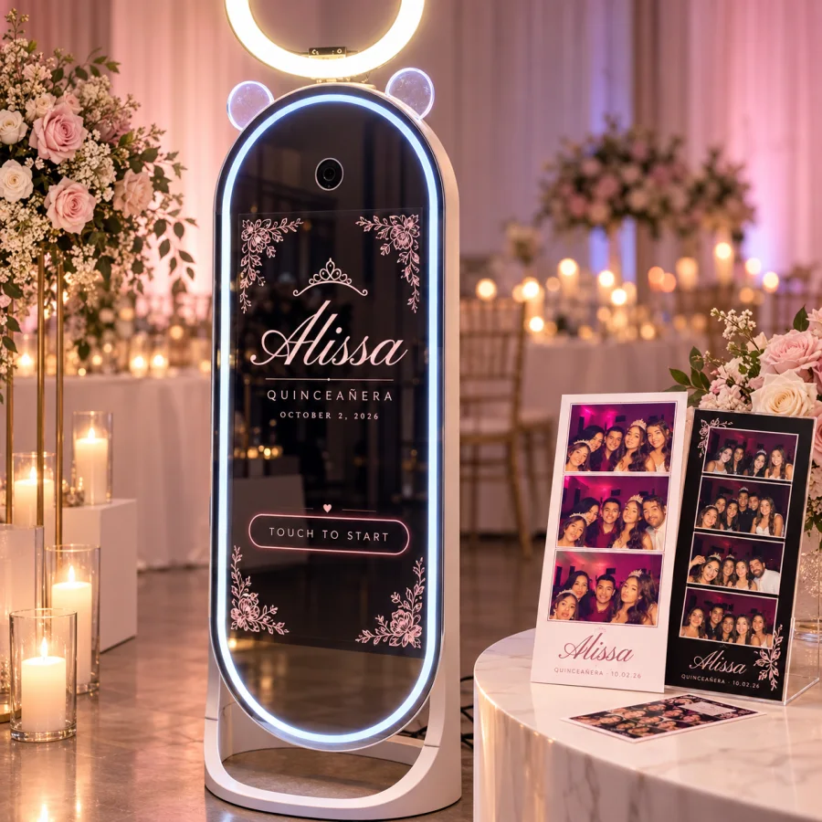 Custom Magic Mirror welcome screen and sample prints designed for the event