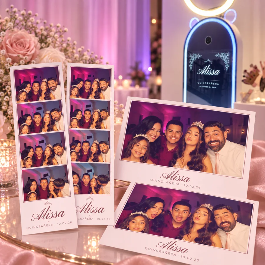 Printed 2x6 photo strips and 4x6 photos from the Magic Mirror
