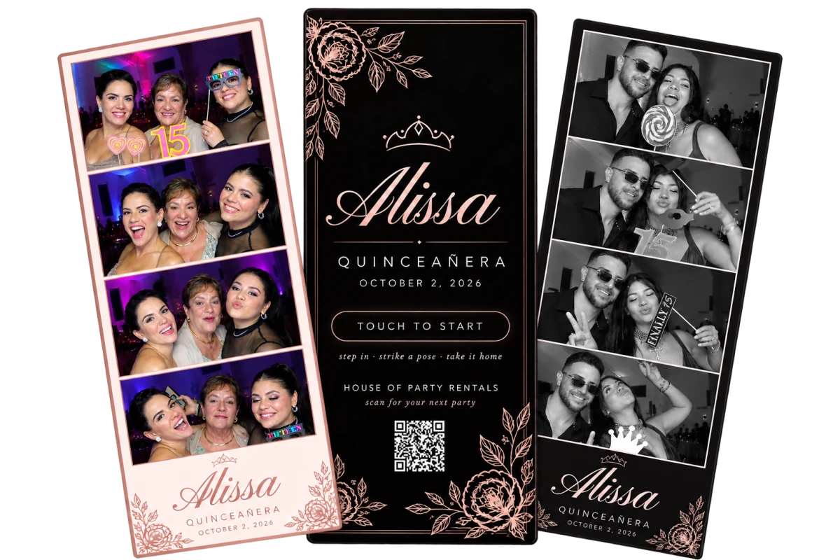 Custom photo templates designed for the event — a photo strip, a welcome screen and a black-and-white strip